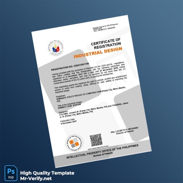 Philippines Bureau of Patents Industrial Design Registration Certificate Template in Word and PDF formats 5 page Philippines Bureau of Patents Industrial Design Registration Certificate Template in Word and PDF formats 5 page