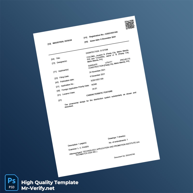 Philippines Bureau of Patents Industrial Design Registration Certificate Template in Word and PDF formats 5 page Philippines Bureau of Patents Industrial Design Registration Certificate Template in Word and PDF formats 5 page