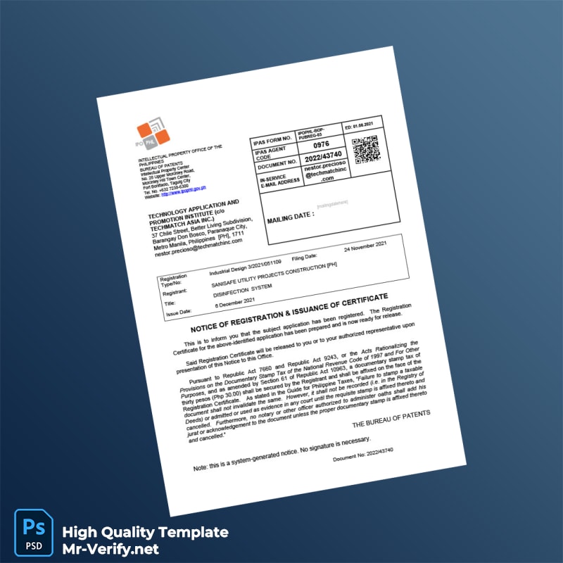 Philippines Bureau of Patents Industrial Design Registration Certificate Template in Word and PDF formats 5 page Philippines Bureau of Patents Industrial Design Registration Certificate Template in Word and PDF formats 5 page