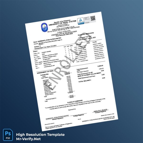 Editable Philippines College of Education Certificate of Registration Word and Pdf Template