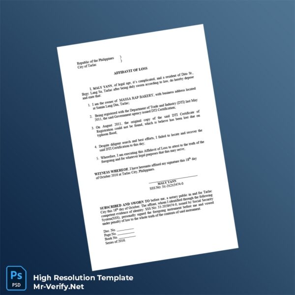 Editable Philippines Department of Trade and Industry Affidavit of Loss Certificate of Registration Word and Pdf Template