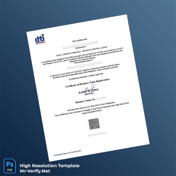 Philippines Department of Trade and Industry Business Registration Certificate Word and Pdf Template