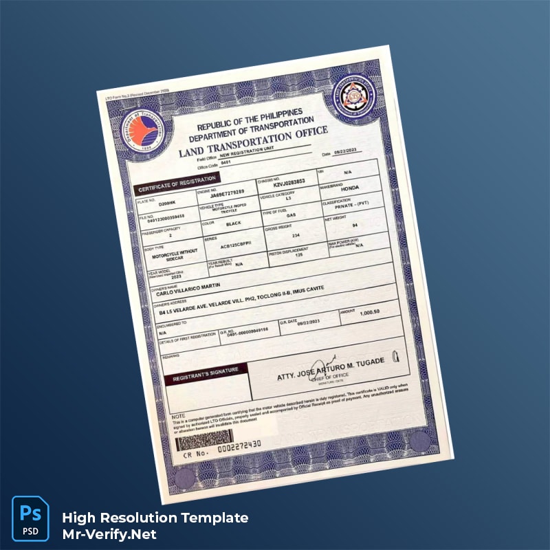 Editable Philippines Department of Transportation Certificate of Registration Word and Pdf Template Editable Philippines Department of Transportation Certificate of Registration Word and Pdf Template