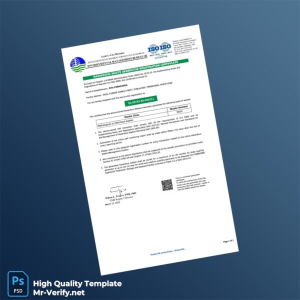 Philippines EMB Hazardous Waste Generator Registration Certificate Template in Word and PDF formats Philippines EMB Hazardous Waste Generator Registration Certificate Template in Word and PDF formats