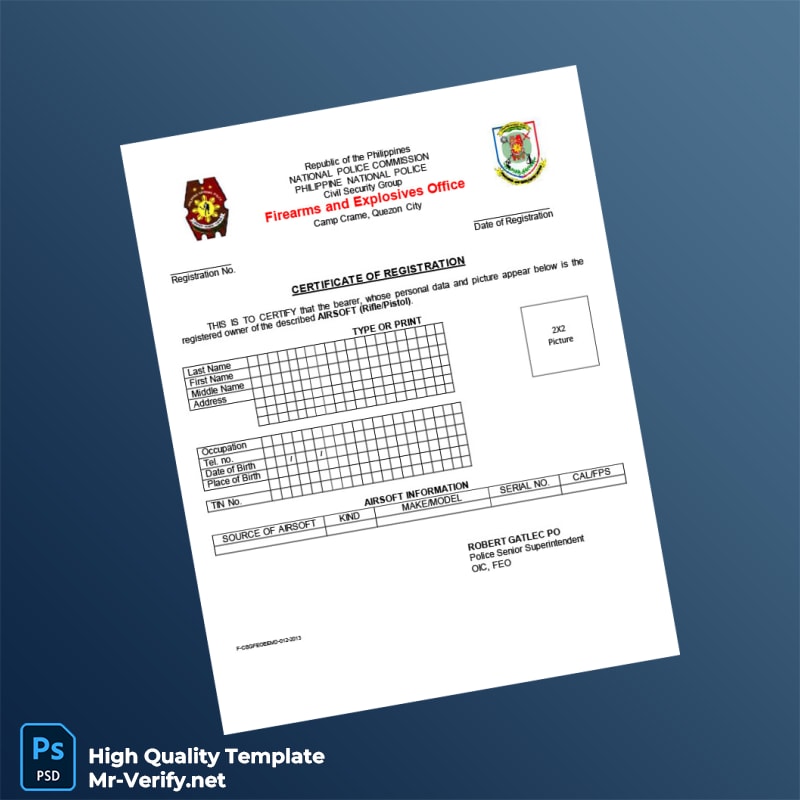 Philippines Firearms and Explosives Office Airgun Registration Certificate Template in Word and PDF formats 2 page Philippines Firearms and Explosives Office Airgun Registration Certificate Template in Word and PDF formats 2 page