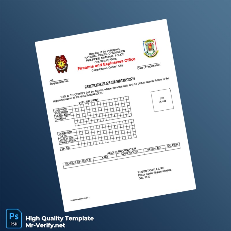 Philippines Firearms and Explosives Office Airgun Registration Certificate Template in Word and PDF formats 2 page Philippines Firearms and Explosives Office Airgun Registration Certificate Template in Word and PDF formats 2 page
