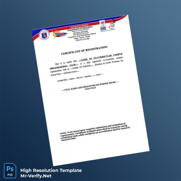 Editable Philippines Florentino Joya Elementary School Certificate of Registration Word and Pdf Template 2 page