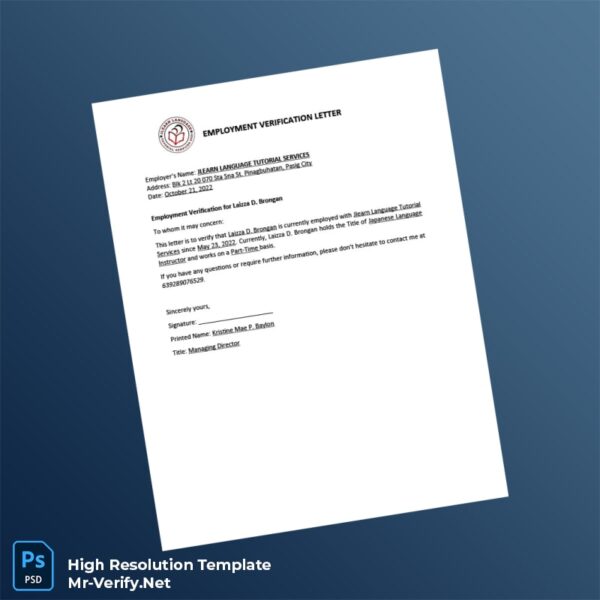 Editable Philippines JLEARN LANGUAGE TUTORIAL SERVICES Employment Verification Letter Word and Pdf Template