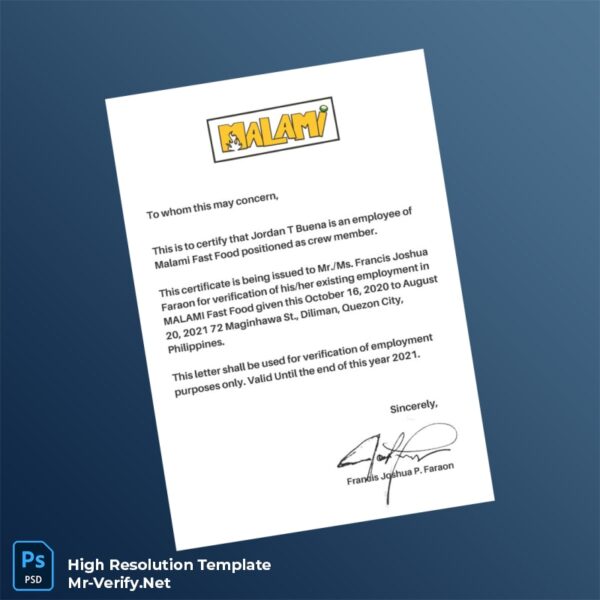 Editable Philippines MALAMI Fast Food Employment Verification Letter Word and Pdf Template Editable Philippines MALAMI Fast Food Employment Verification Letter Word and Pdf Template
