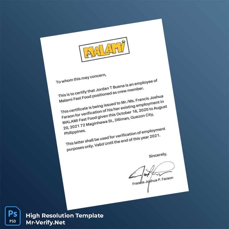 Editable Philippines MALAMI Fast Food Employment Verification Letter Word and Pdf Template Editable Philippines MALAMI Fast Food Employment Verification Letter Word and Pdf Template
