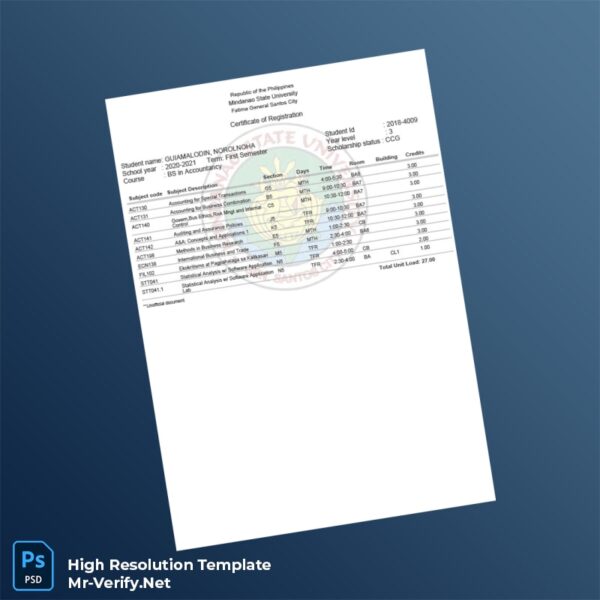 Editable Philippines Mindanao State University Certificate of Registration Word and Pdf Template