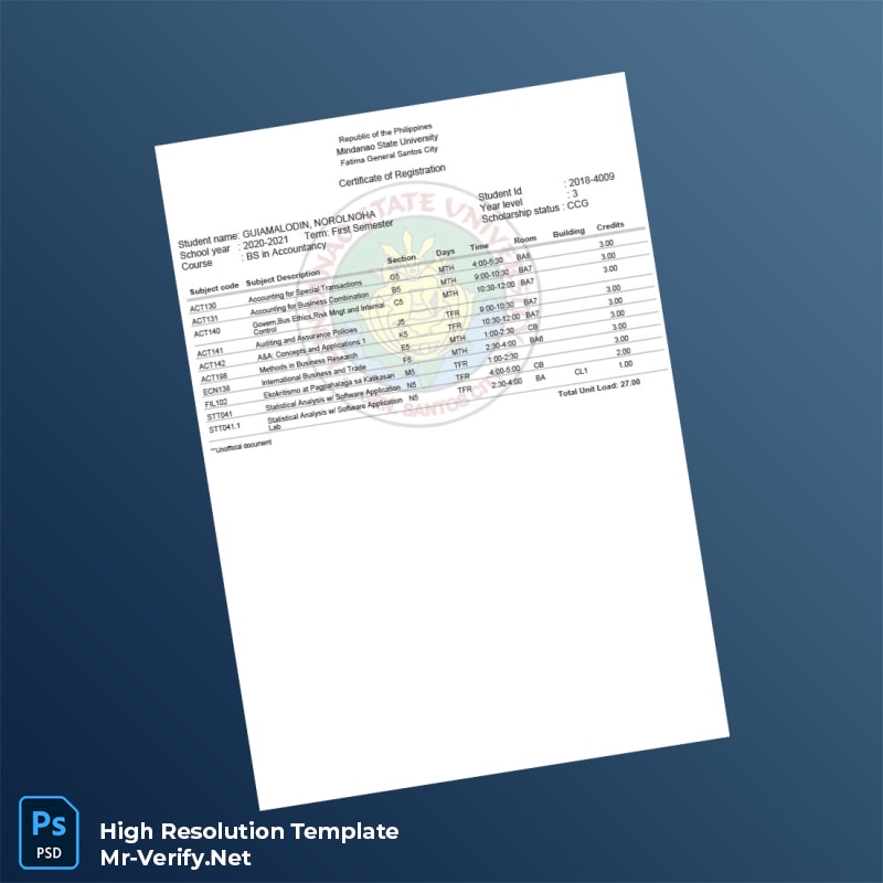 Editable Philippines Mindanao State University Certificate of Registration Word and Pdf Template Editable Philippines Mindanao State University Certificate of Registration Word and Pdf Template