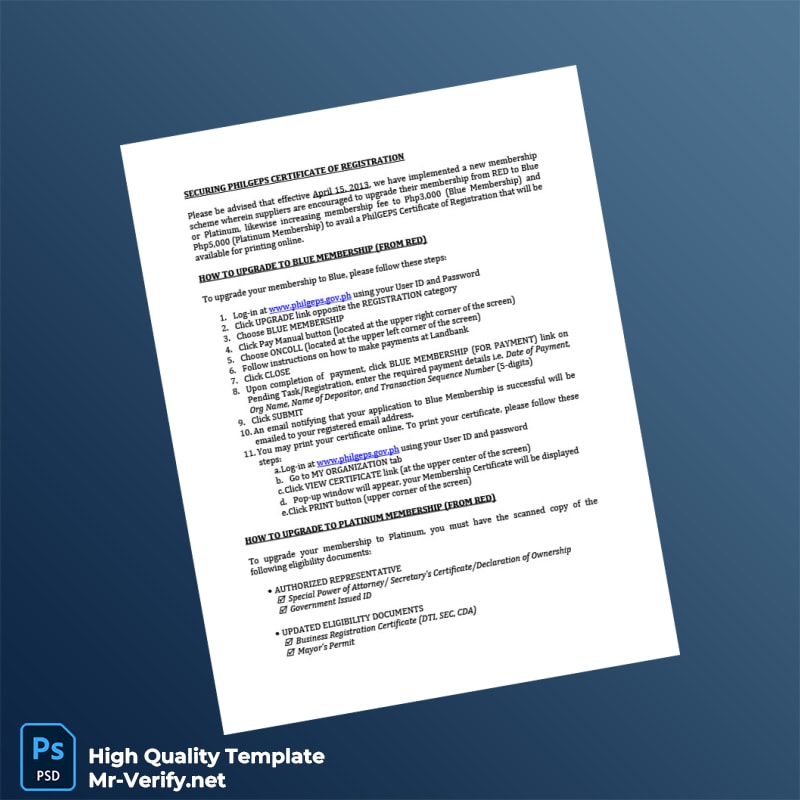 Philippines PhilGEPS Certificate of Registration Template in Word and PDF formats 2 page Philippines PhilGEPS Certificate of Registration Template in Word and PDF formats 2 page