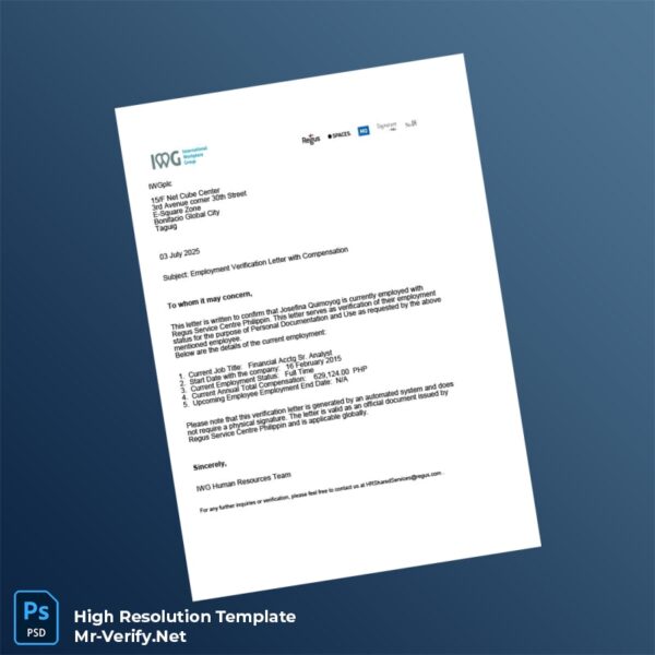 Editable Philippines Regus Service Centre Employment Verification Letter Word and Pdf Template