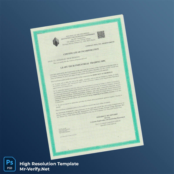 Editable Philippines Securities and Exchange Commission Certificate of Incorporation Word and Pdf Template
