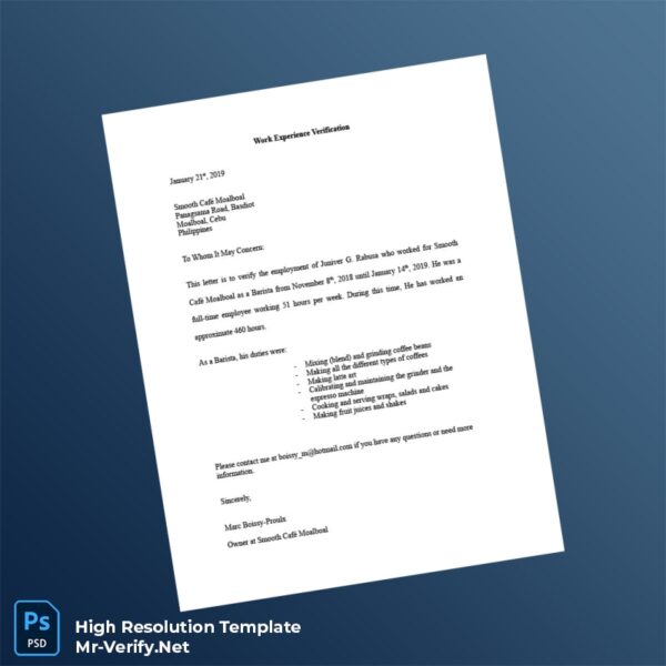 Editable Philippines Smooth Café Moalboal Work Experience Certificate Word and Pdf Template