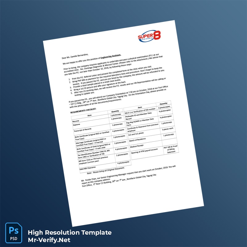 Editable Philippines Super 8 Employment Verification Letter Word and Pdf Template 3 page Editable Philippines Super 8 Employment Verification Letter Word and Pdf Template 3 page