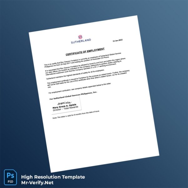 Editable Philippines Sutherland Global Services Employment Certificate Word and Pdf Template 2 page Editable Philippines Sutherland Global Services Employment Certificate Word and Pdf Template 2 page