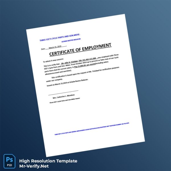 Editable Philippines Three EEE s Cycle Parts Employment Verification Letter Word and Pdf Template 4 page Editable Philippines Three EEE s Cycle Parts Employment Verification Letter Word and Pdf Template 4 page