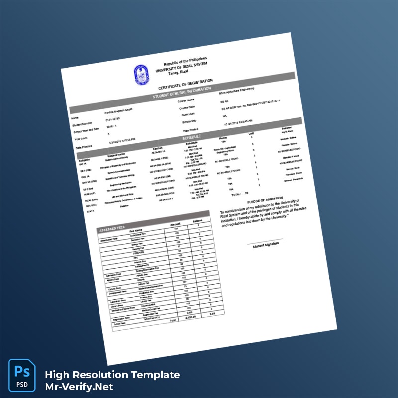 Editable Philippines University of Rizal System Certificate of Registration Word and Pdf Template 2 page Editable Philippines University of Rizal System Certificate of Registration Word and Pdf Template 2 page