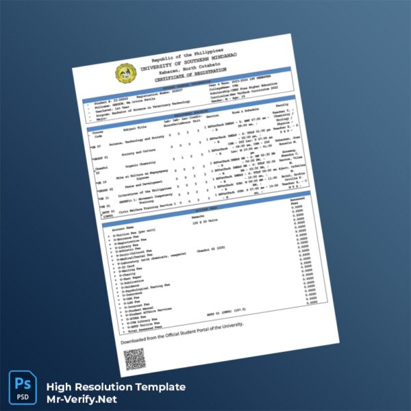 Editable Philippines University of Southern Mindanao Certificate of Registration Word and Pdf Template 2 page Editable Philippines University of Southern Mindanao Certificate of Registration Word and Pdf Template 2 page