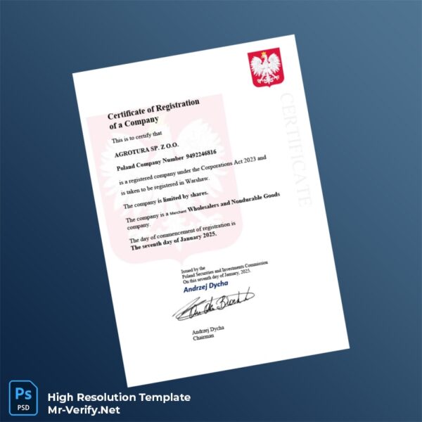 Poland Securities and Investments Commission Business Registration Certificate Word and Pdf Template