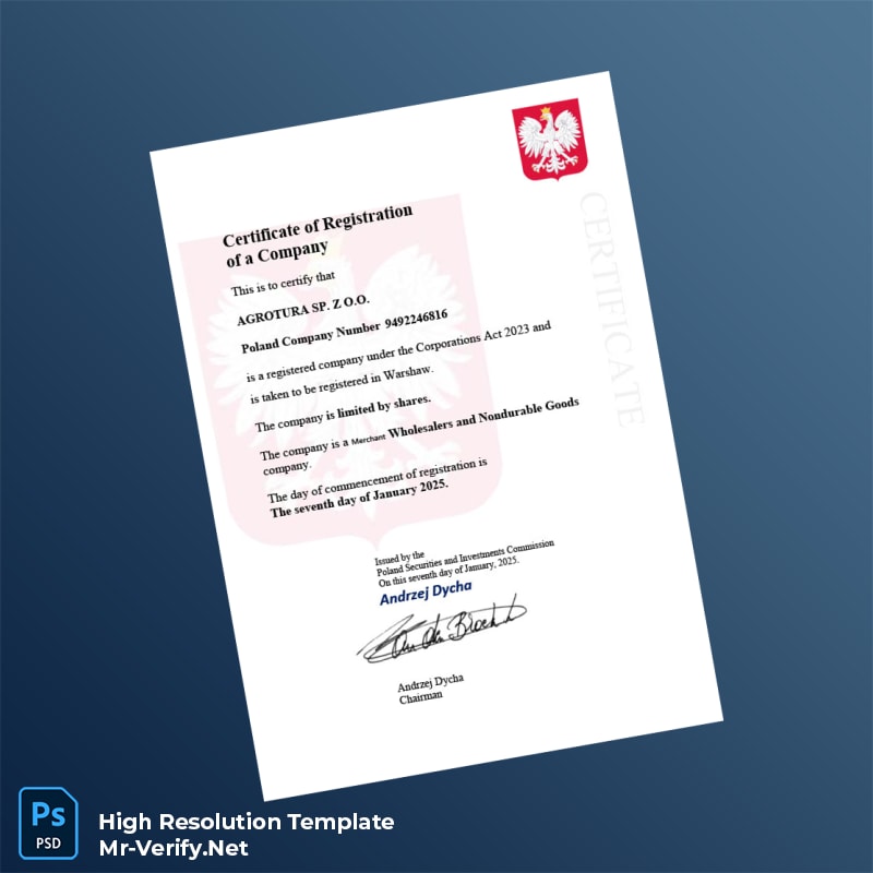 Poland Securities and Investments Commission Business Registration Certificate Word and Pdf Template Poland Securities and Investments Commission Business Registration Certificate Word and Pdf Template