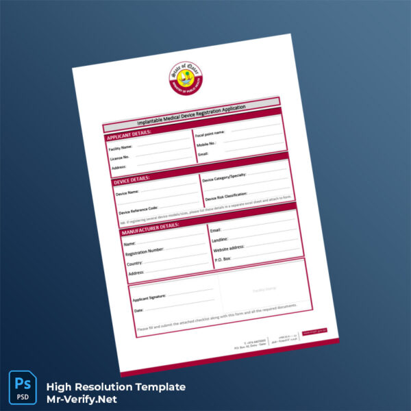 Editable Qatar Ministry of Public Health Implantable Medical Device Registration Application Form Word and Pdf Template 2 page