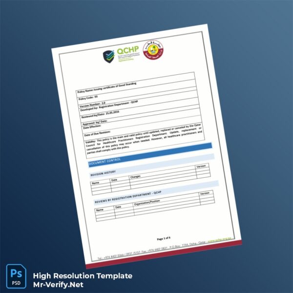 Editable Qatar Qatar Council for Healthcare Practitioners Certificate of Good Standing Word and Pdf Template 6 page