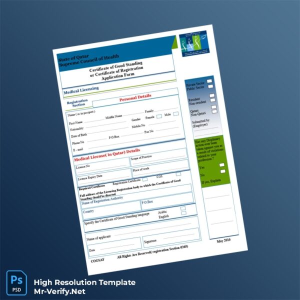 Editable Qatar Supreme Council of Health Certificate of Good Standing Application Form Word and Pdf Template