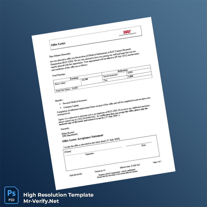 Editable RAY Contract Research Organization Employment Verification Letter Word and Pdf Template Editable RAY Contract Research Organization Employment Verification Letter Word and Pdf Template