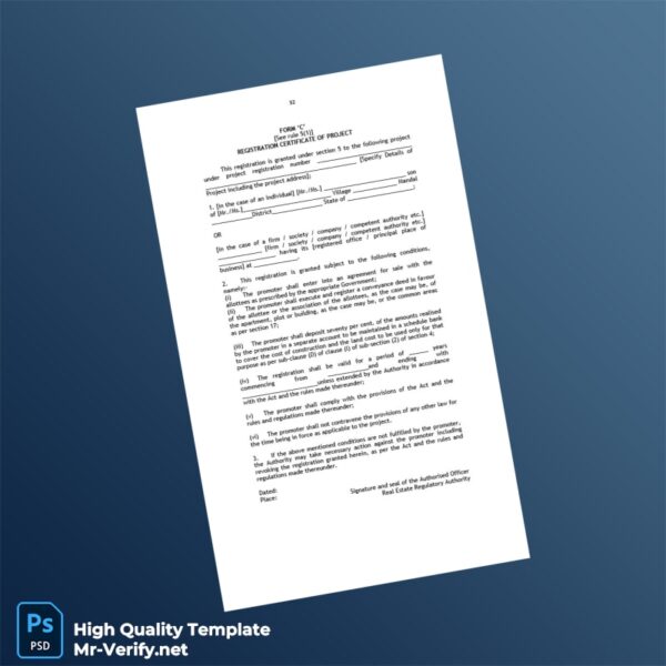 Registration Certificate of Project from Real Estate Regulatory Authority Template in Word and PDF formats Registration Certificate of Project from Real Estate Regulatory Authority Template in Word and PDF formats