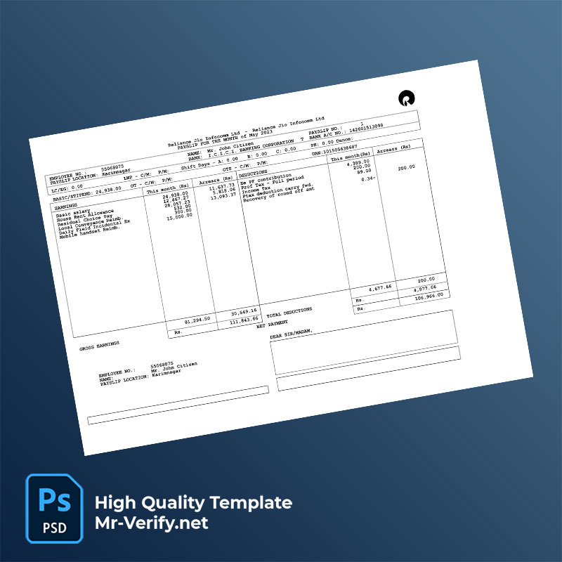Reliance Jio Infocomm Ltd payslip word and pdf template Reliance Jio Infocomm Ltd payslip word and pdf template