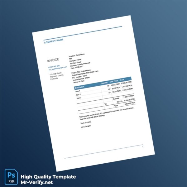 Romania Company Name Invoice Template in Word and PDF formats