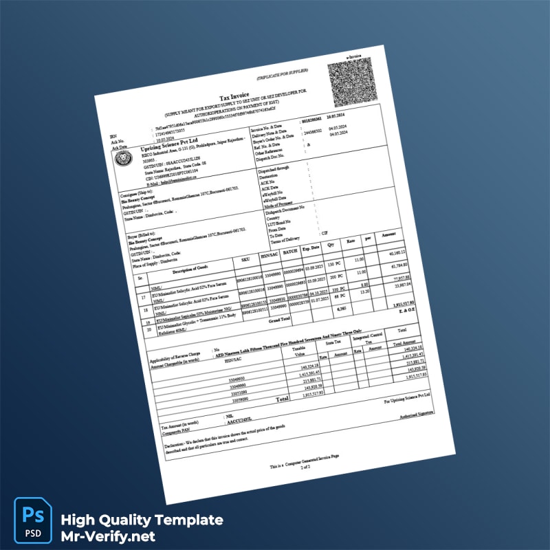 Romania Uprising Science Pvt Ltd Tax Invoice Template in Word and PDF formats 8 page Romania Uprising Science Pvt Ltd Tax Invoice Template in Word and PDF formats 8 page