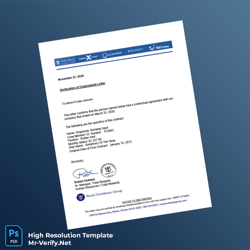 Editable Royal Caribbean Cruises Ltd Employment Verification Letter Word and Pdf Template Editable Royal Caribbean Cruises Ltd Employment Verification Letter Word and Pdf Template