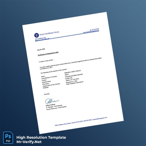 Editable Royal Caribbean International Employment Verification Letter Word and Pdf Template