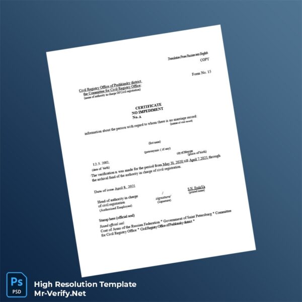 Editable Russia Civil Registry Office Certificate of No Impediment Word and Pdf Template