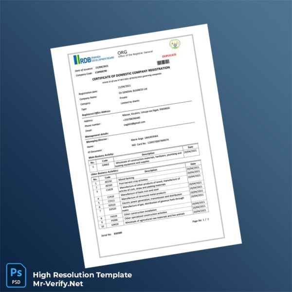 Editable Rwanda Office of the Registrar General Business Registration Certificate Word and Pdf Template 3 page
