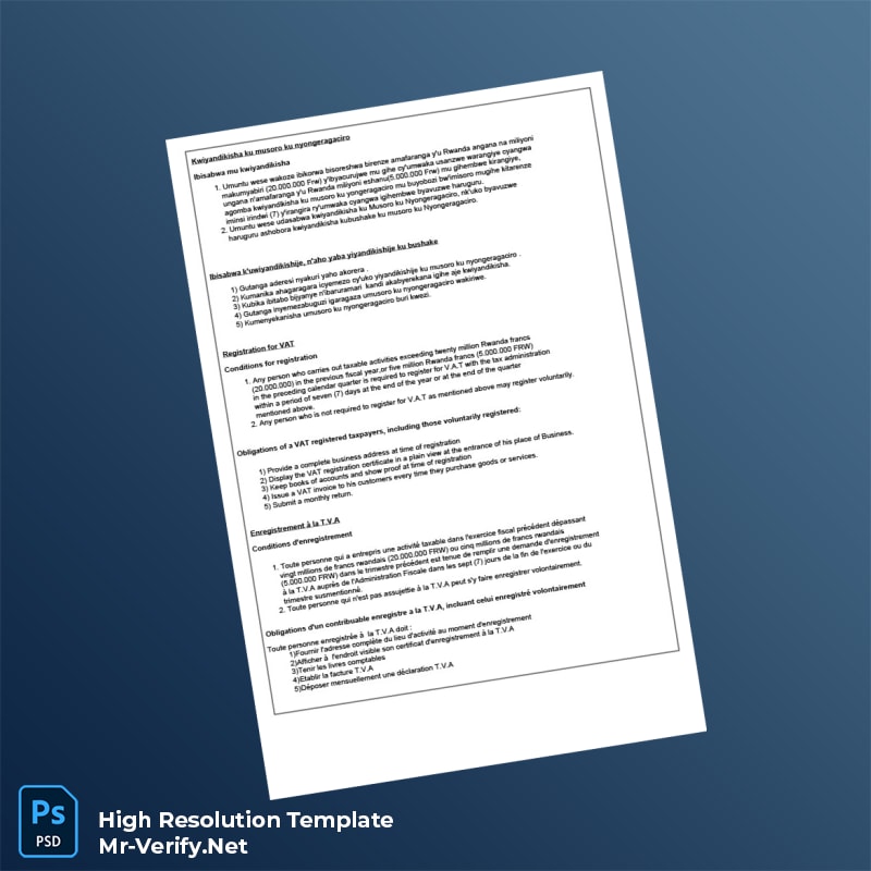 Editable Rwanda Rwanda Revenue Authority VAT Registration Certificate Word and Pdf Template 2 page Editable Rwanda Rwanda Revenue Authority VAT Registration Certificate Word and Pdf Template 2 page