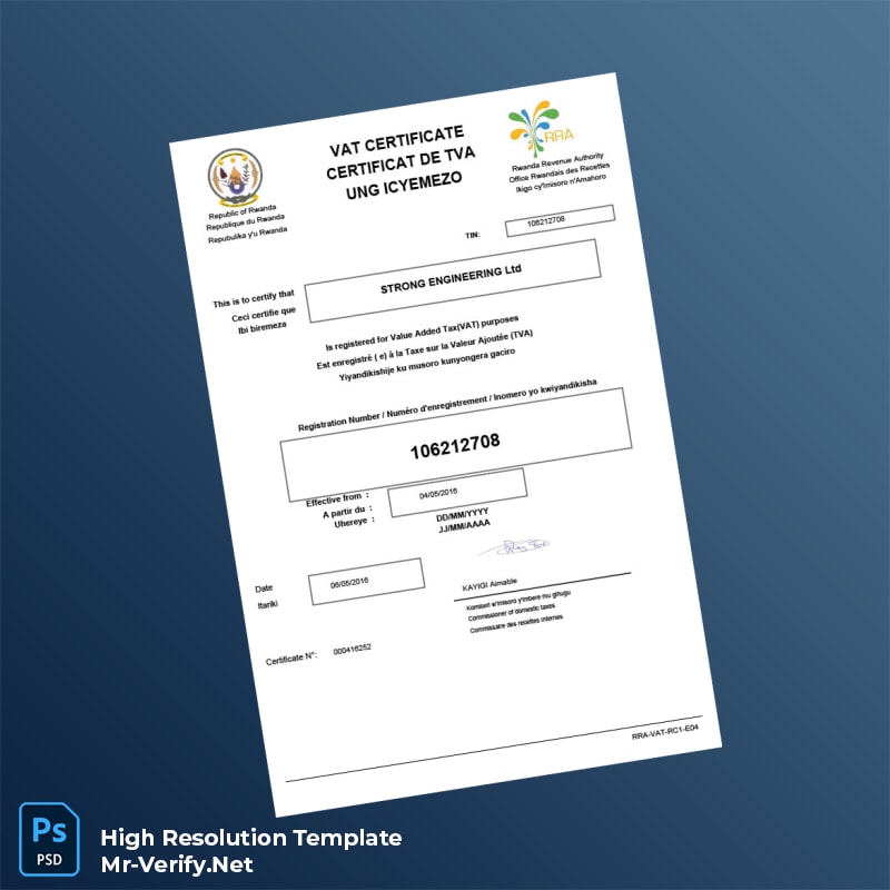 Editable Rwanda Rwanda Revenue Authority VAT Registration Certificate Word and Pdf Template 2 page Editable Rwanda Rwanda Revenue Authority VAT Registration Certificate Word and Pdf Template 2 page