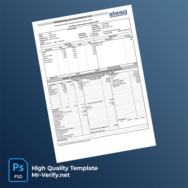 STEAG Energy Services India Pvt Ltd payslip word and pdf template STEAG Energy Services India Pvt Ltd payslip word and pdf template