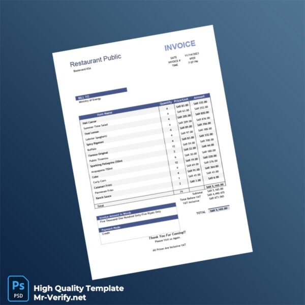 Saudi Arabia Restaurant Public Invoice Template in Word and PDF formats 4 page Saudi Arabia Restaurant Public Invoice Template in Word and PDF formats 4 page
