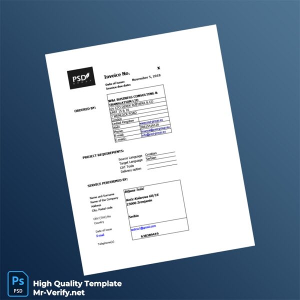 Serbia W L BUSINESS CONSULTING TRANSLATION LTD Invoice Template in Word and PDF formats 2 page Serbia W L BUSINESS CONSULTING TRANSLATION LTD Invoice Template in Word and PDF formats 2 page