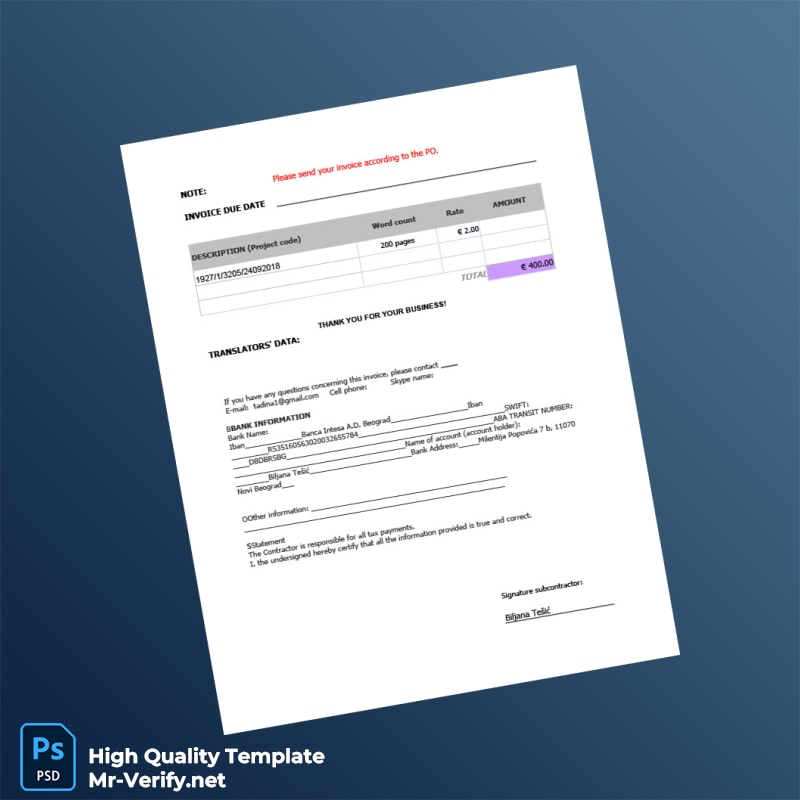 Serbia W L BUSINESS CONSULTING TRANSLATION LTD Invoice Template in Word and PDF formats 2 page Serbia W L BUSINESS CONSULTING TRANSLATION LTD Invoice Template in Word and PDF formats 2 page