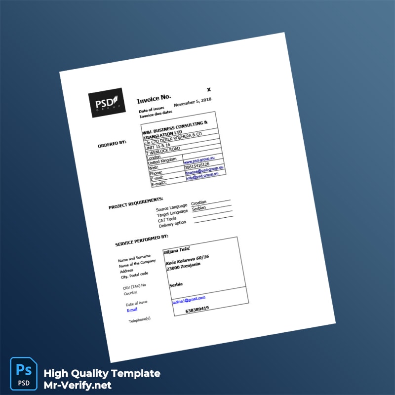 Serbia W L BUSINESS CONSULTING TRANSLATION LTD Invoice Template in Word and PDF formats 2 page Serbia W L BUSINESS CONSULTING TRANSLATION LTD Invoice Template in Word and PDF formats 2 page