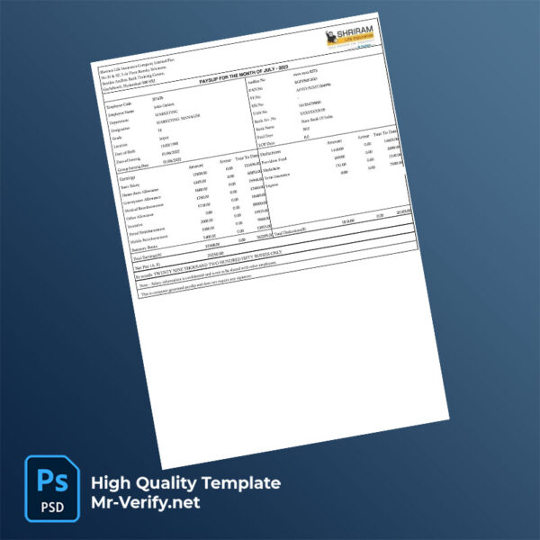 Shriram Life Insurance Company Limited Plot payslip word and pdf template
