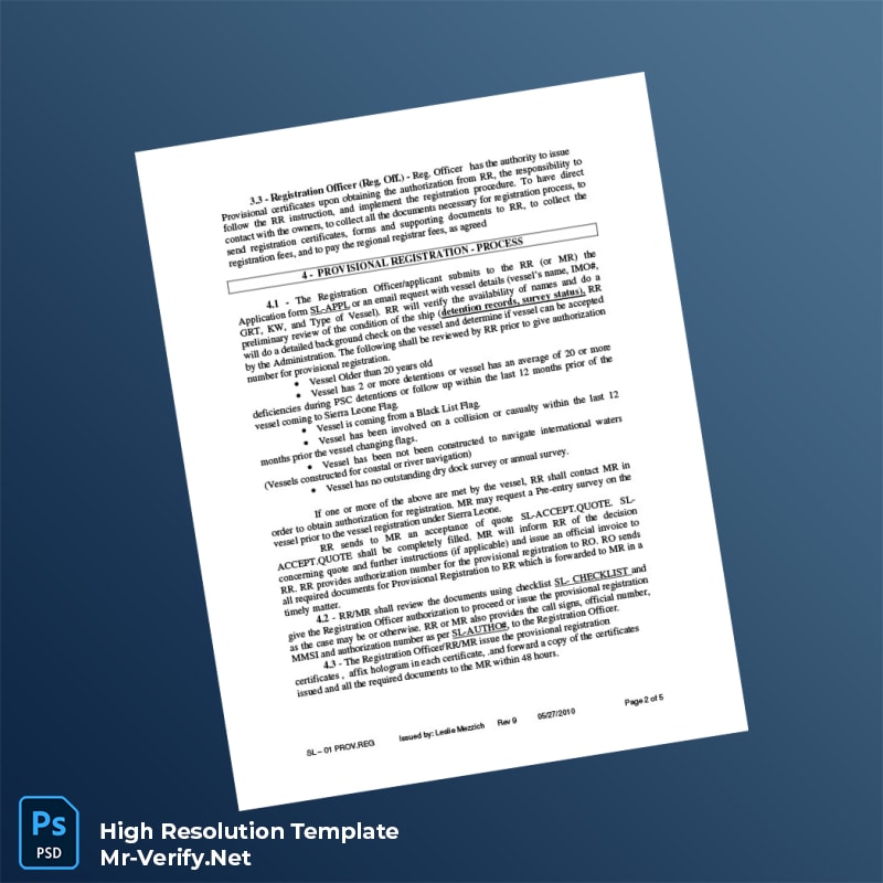 Editable Sierra Leone International Ship Registry Provisional Registration Certificate Word and Pdf Template 5 page Editable Sierra Leone International Ship Registry Provisional Registration Certificate Word and Pdf Template 5 page