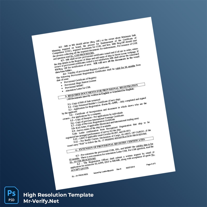 Editable Sierra Leone International Ship Registry Provisional Registration Certificate Word and Pdf Template 5 page Editable Sierra Leone International Ship Registry Provisional Registration Certificate Word and Pdf Template 5 page