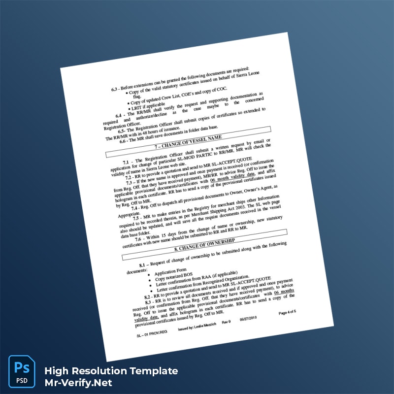 Editable Sierra Leone International Ship Registry Provisional Registration Certificate Word and Pdf Template 5 page Editable Sierra Leone International Ship Registry Provisional Registration Certificate Word and Pdf Template 5 page